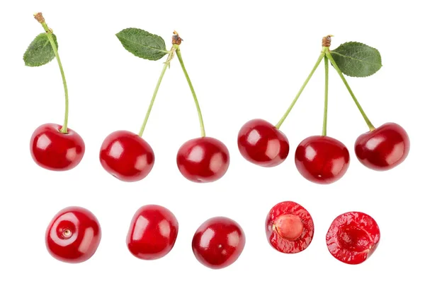 Set Ripe Cherries Leaves Berries Half Close White Background Isolated — Stock Photo, Image