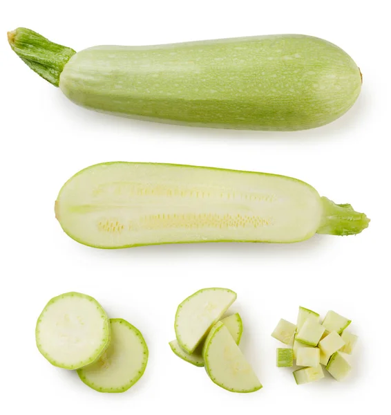 Zucchini Set Hälfte Und Scheiben Nahaufnahme Auf Weißem Hintergrund Ansicht — Stockfoto