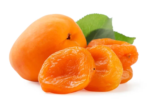 Dried Apricots Ripe Apricot Leaves Close White Background Isolated — Stock Photo, Image