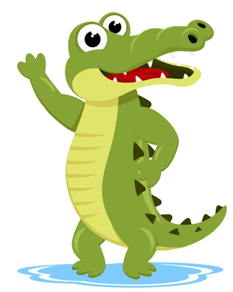 Crocodile Stands Smiles Waves White Background Character — Archivo Imágenes Vectoriales