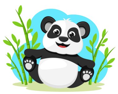 Panda bambudan bir çalılıkta oturuyor ve beyaz bir arka planda gülümsüyor. Karakter