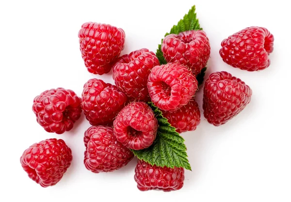 Ripe Raspberries Leaves Close White Background Top View — Stok fotoğraf