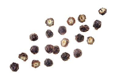Set of peppercorns and halves flies on a white background. Isolated