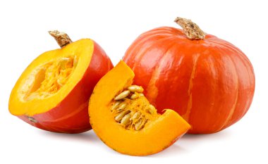 Pumpkin, half and piece close-up on a white background. Isolated