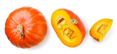 Set of pumpkin and slices close-up on a white background. Top view