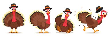 Set of turkey character in different poses on a white background. Thanksgiving Day