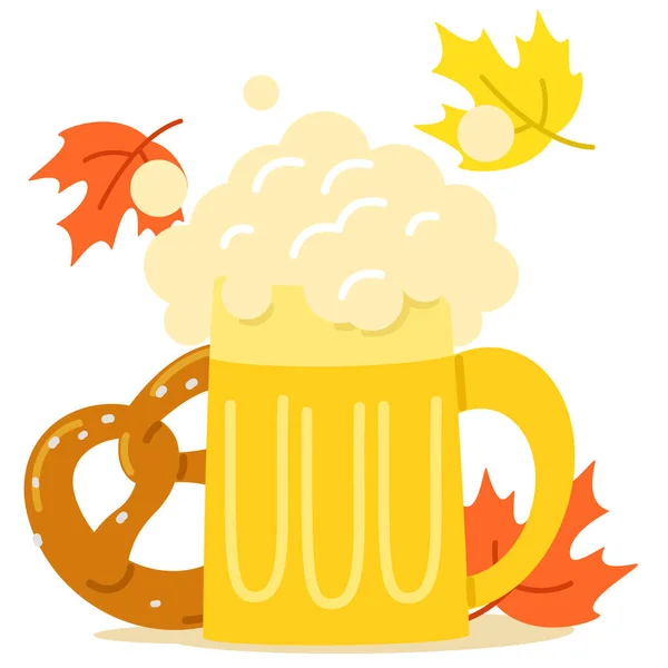 Glass Beer Pretzel Autumn Leaves White Background Oktoberfest — Vector de stock