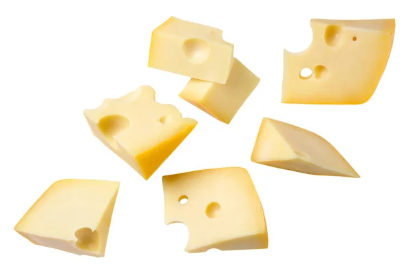 Pieces Cheese Fly Close White Background Set Isolated — Φωτογραφία Αρχείου