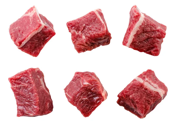 Conjunto Cubos Carne Vaca Close Fundo Branco Isolados — Fotografia de Stock