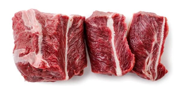 Roh Geschnittenes Rindfleisch Nahaufnahme Auf Weißem Hintergrund Ansicht Von Oben — Stockfoto