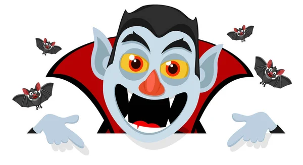 Dracula Sorride Indica Spazio Testo Uno Sfondo Bianco Halloween — Vettoriale Stock