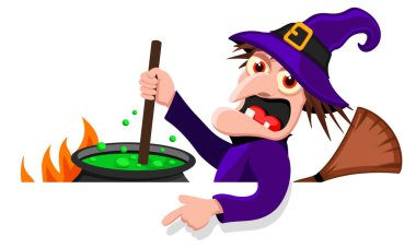 Cadı bir iksir hazırlar ve beyaz arka planda yakın plan metinler için bir yeri işaret eder. Cadılar Bayramı karakteri