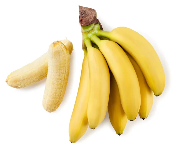 Små Bananer Och Skalade Närbild Vit Bakgrund Ovanifrån — Stockfoto