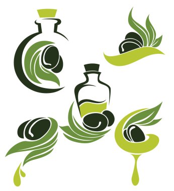 Green olive, leaves, bottles and oil, signs, symbols and icons clipart