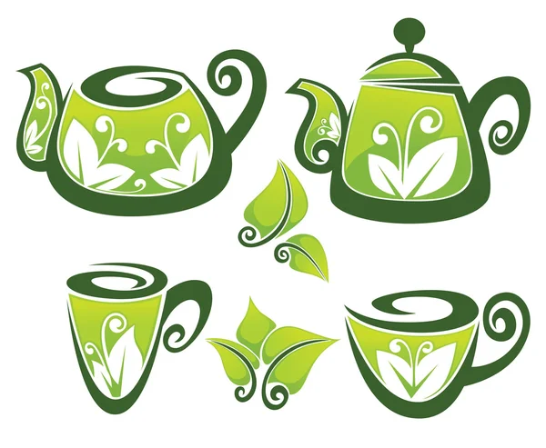 Vector collection of decorated teapot and cup in organic style — Stock Vector