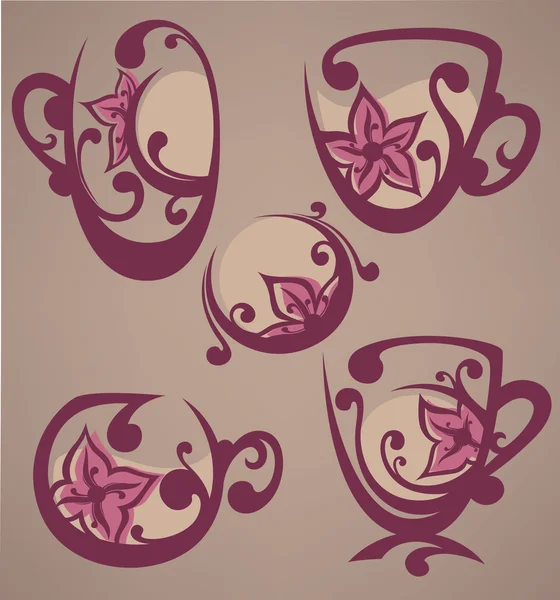 Té floral, colección vectorial de tazas llenas de zumbido orgánico fresco — Vector de stock