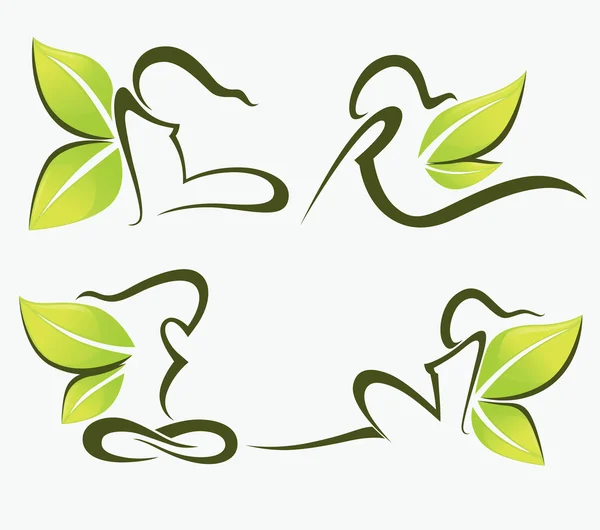 Vector collection of ecological girls symbols and green leaves — Stock Vector