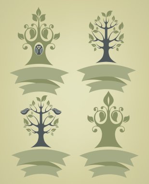 Vector collection of different tree emblems in retro and naive s clipart