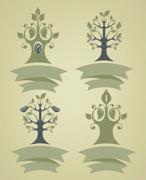 Vector collection of different tree emblems in retro and naive s — Stock Vector