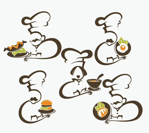 Symboles de cuisson, aliments et silhouettes en chef, collection vectorielle — Image vectorielle