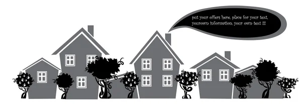 Vector cartoon achtergrond met beelden van huizen en appelbomen en tekstballonnen — Stockvector