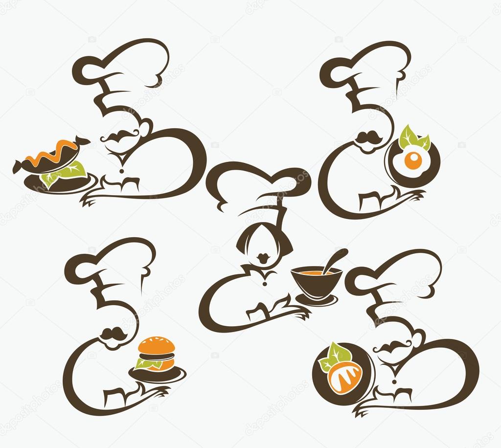 Cooking symbols, food and chief silhouettes, vector collection