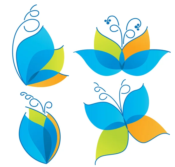 Colección vectorial de flores y mariposas brillantes, coloridas y decorativas — Vector de stock