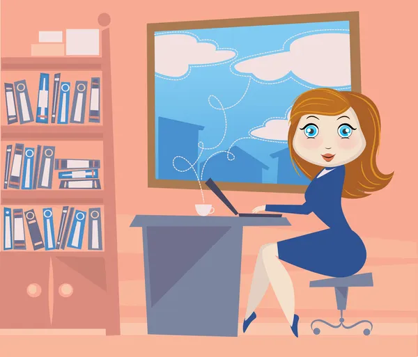 Image of cartoon business girl in her lovely office — Stock Vector