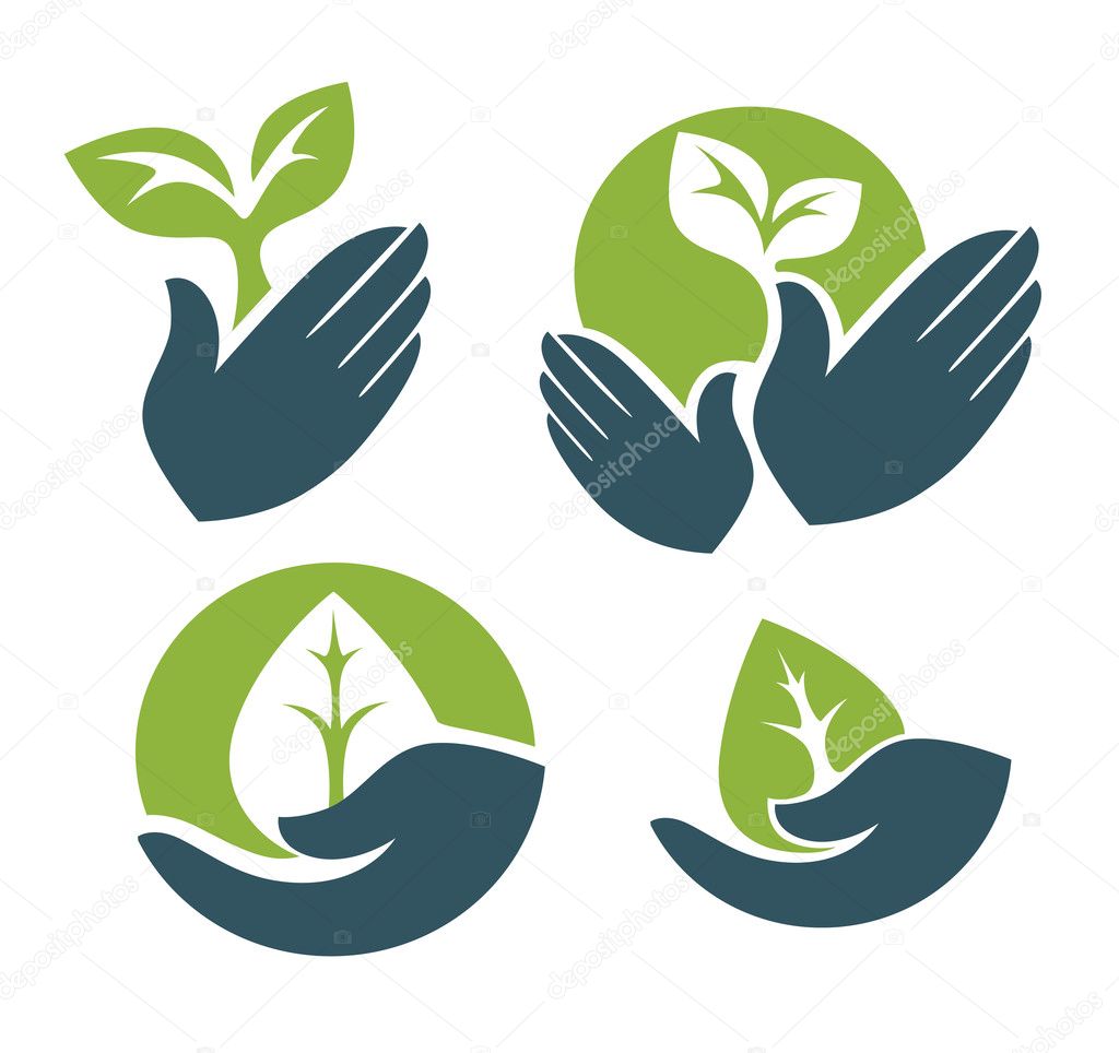 Human's hands and green growing plants