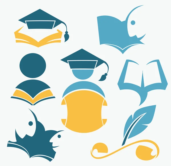 Istruzione e conoscenza, lettura di simboli, libri, studio — Vettoriale Stock