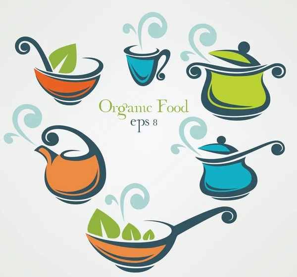 Equipamento de cozinha e símbolos alimentares orgânicos Vetores De Stock Royalty-Free