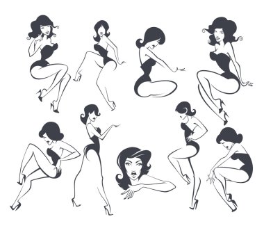 Large vector collection of stylized pin up girls in different po