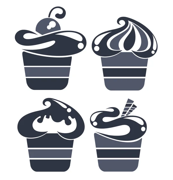 Silhouettes vectorielles de drôles de cupcakes de dessin animé silhouettes — Image vectorielle