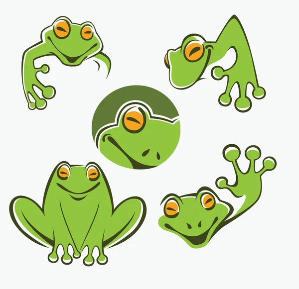Lindo árbol verde rana personaje de dibujos animados iconos — Vector de stock