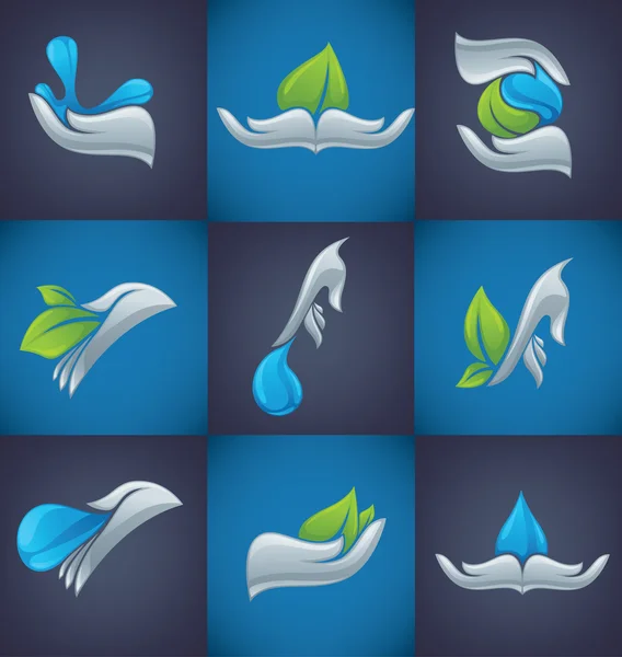 Manos humanas y plantas verdes y gotas de agua — Vector de stock