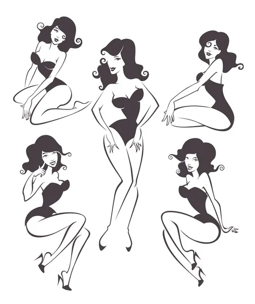 Vektor-Sammlung stilisierter Pin-up-Mädchen in verschiedenen Posen — Stockvektor