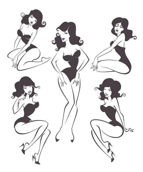 Vector collection of stylized pin up girls in different poses — Stock Vector