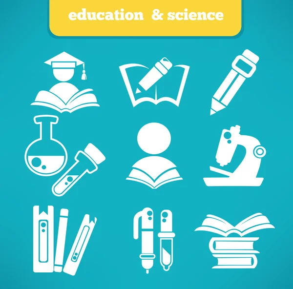 Símbolos vectoriales de educación y ciencia e iconos planos — Vector de stock