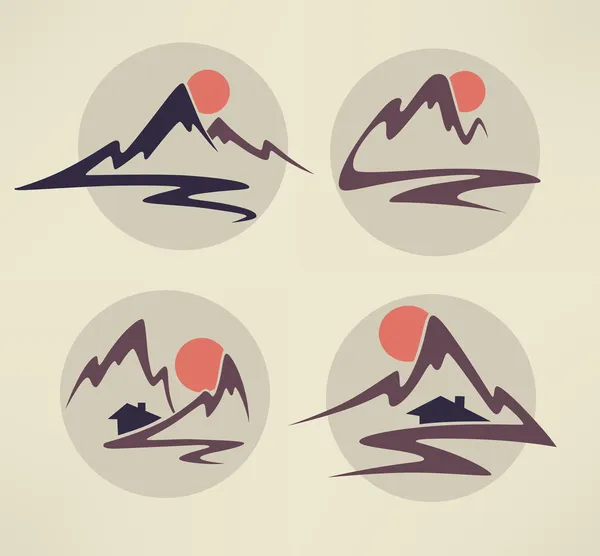 Mountain view, high peaks and small houses — Stock Vector