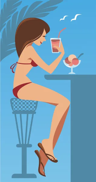 El verano caliente, hermosa chica en bikini bebiendo el cóctel — Vector de stock