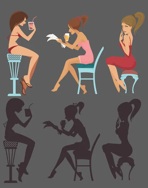 Cartoon sitting and drinking girls, vector collection — Stock Vector