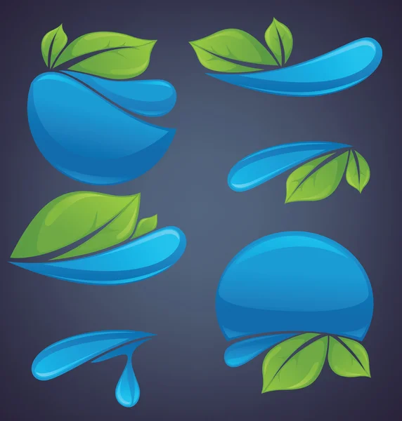 水和叶子的贴纸和深色背景上的符号 — 图库矢量图片