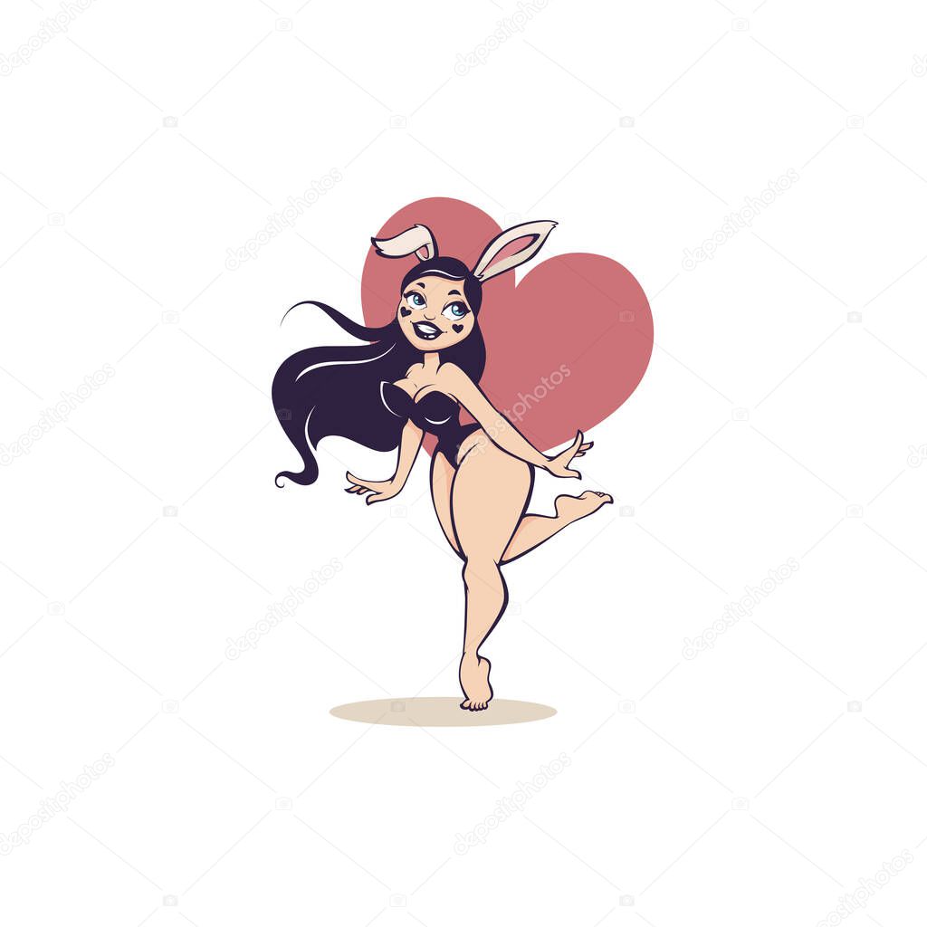 Pinup rabbit, vector cartoon  illustration in retro style, girl in bunny costume
