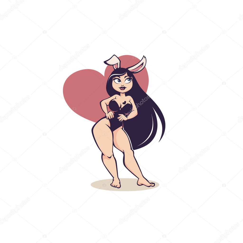 Pinup rabbit, vector cartoon  illustration in retro style, girl in bunny costume