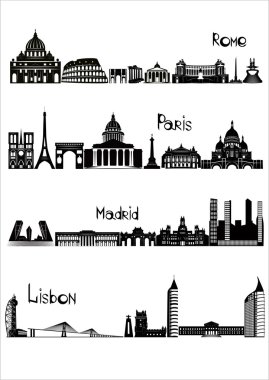 Roma, paris, madrid ve Lizbon, b-w vektör manzaraları
