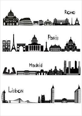 Sights of Rome, Paris, Madrid and Lisbon, b-w vector clipart