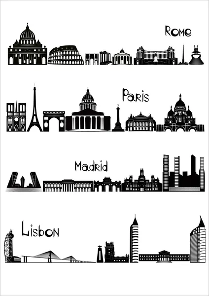 Lugares de interés de Roma, París, Madrid y Lisboa, vector b-w — Vector de stock