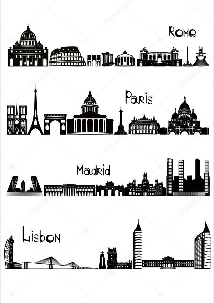 Sights of Rome, Paris, Madrid and Lisbon, b-w vector
