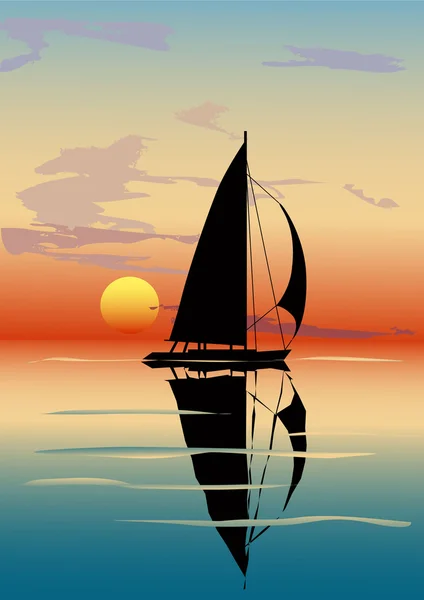 Atardecer, mar, velero — Vector de stock