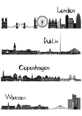 Londra, dublin, Varşova ve Kopenhag, b-w vektör görüntüleri